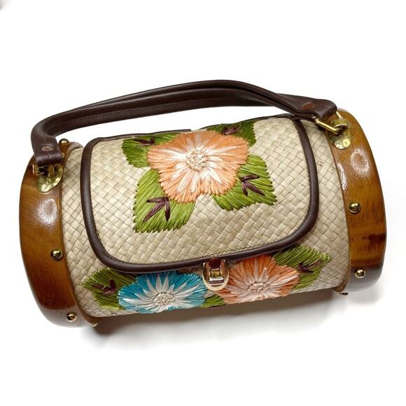 Vintage Embroidered Raffia Woven Wooden Tube Purse